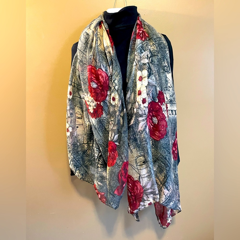 Women’s Grey and Red Floral Scarf 64” x 32”
